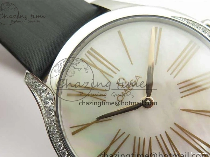 0410 StreetReady Ladies’ De Ville Trésor Diamond SS 3AF 1:1 Best Edition White MOP Dial RG Markers On Black Fabric strap Swiss Quartz 7884